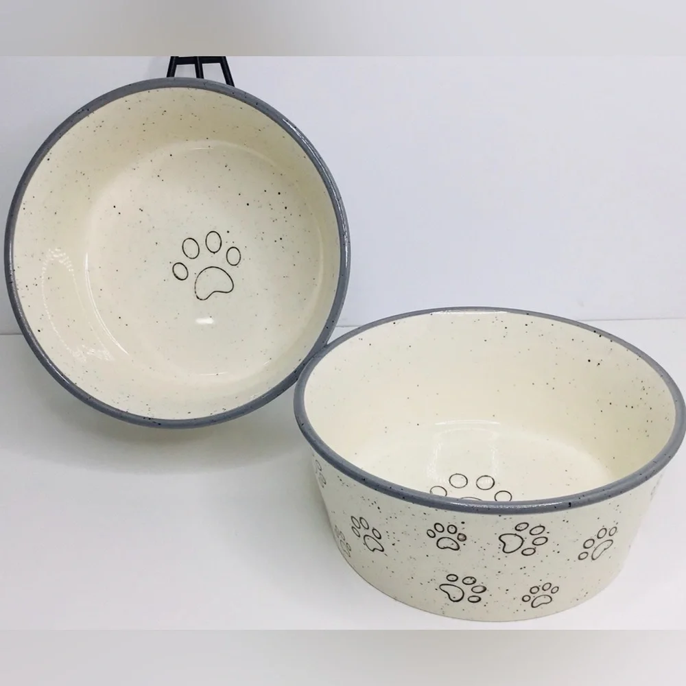 2 Pet Bowl Cat Kitten PAWS Food Water Dish Bowl Pacifica Pottery Gray New